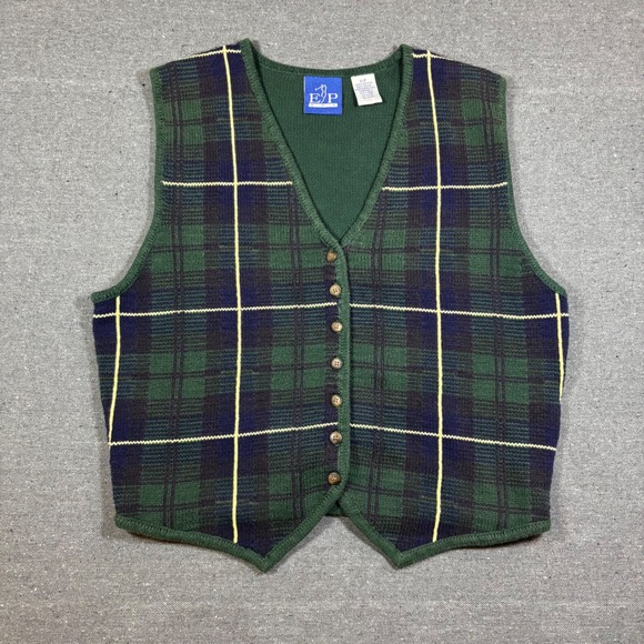 EP Pro Sweaters - EP Pro Golf Sweater Vest Green Navy Plaid Cotton Knit Button Front Tie Back S